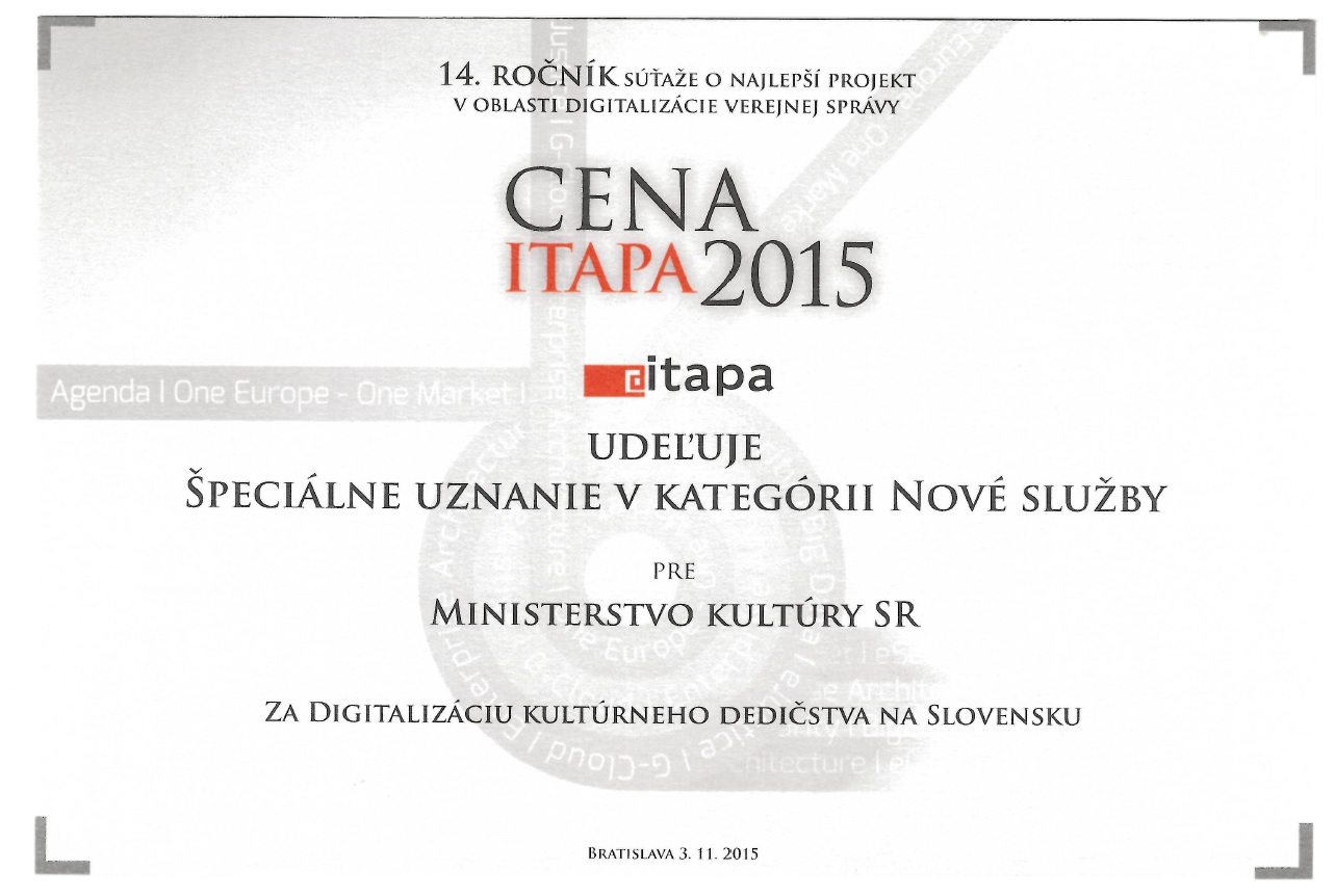 Cena ITAPA 2015 - špeciálne uznanie pre Ministerstvo kultúry SR
